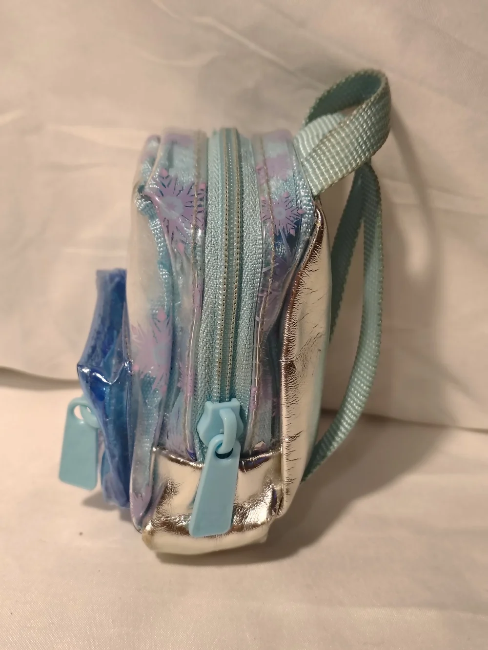 Children's Mini Backpack Purse in Light Blue with Purple Snowflake Design